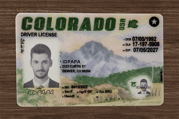 Fake Colorado driver’s license with the name IDPAPA, a male photo, and a mountain-themed background, featuring realistic formatting and ID elements