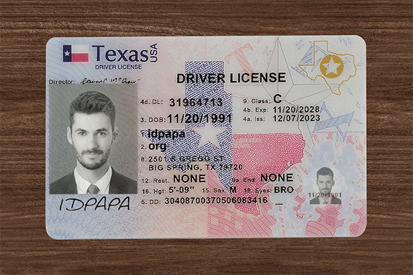 Texas  novelty driver's licence featuring a man's photo, sample ID details, and the word IDPAPA on the bottom left