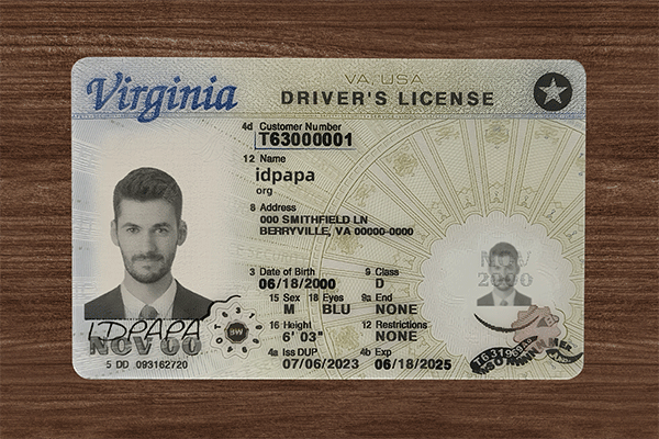 Virginia driver’s license novelty card with photo, ID details, and IDpapa branding on a wooden surface