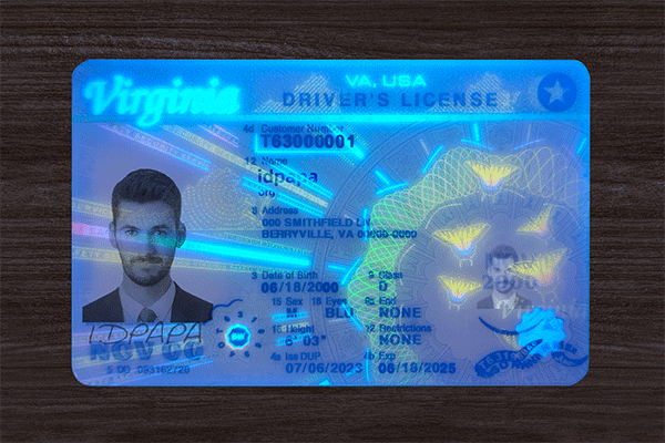 Virginia novelty driver’s license glowing under UV light with IDpapa branding and holographic security patterns