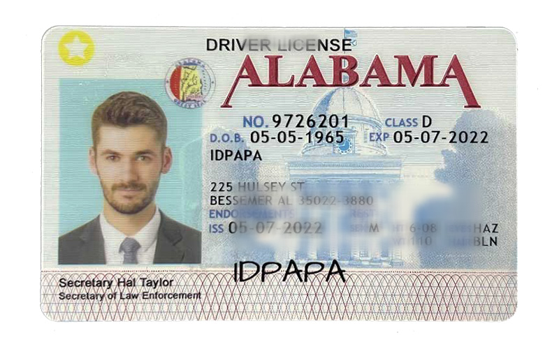 Novelty Alabama driver's license featuring a man in a suit, created by IDPAPA for entertainment use Novelty Alabama driver's license featuring a man in a suit, created by IDPAPA for entertainment use