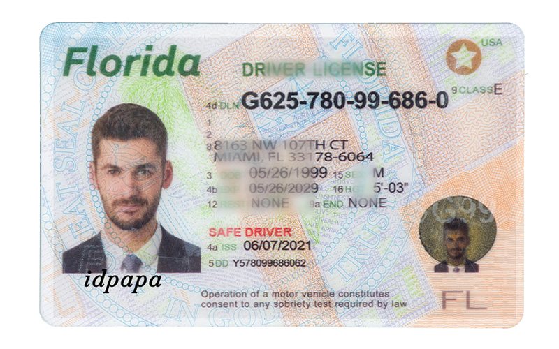 Florida  driver’s license mockup with idpapa branding and sample details for novelty or demonstration use