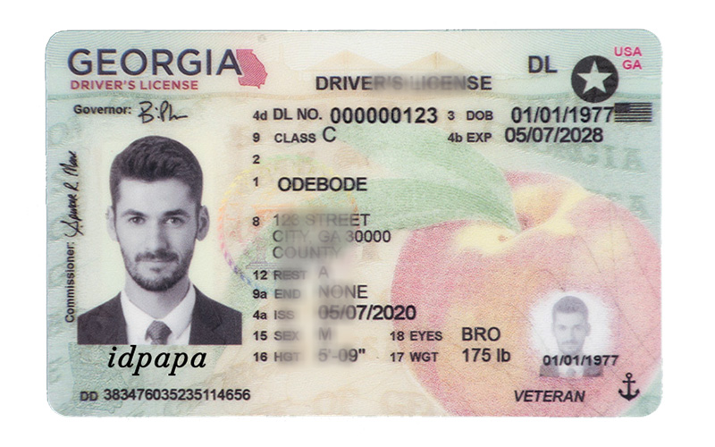 Georgia driver’s license sample labeled idpapa with male photo, official design elements, holograms, and detailed license information
