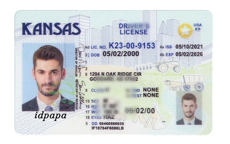 Sample Kansas driver's license with photo, ID details, and IDPA watermark.