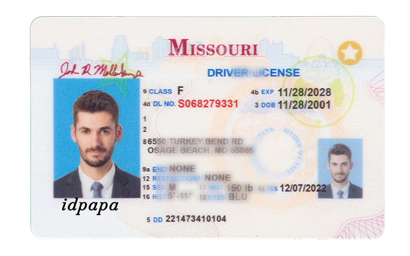 Sample Missouri  Driver License showing standard elements like a yellow star, Class D license, ghost image, and IDPapa watermark—used for novelty or demo purposes