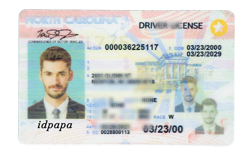 Novelty North Carolina driver's license labeled IDPAPA showing a man with green eyes and brown hair, 5'10' tall.