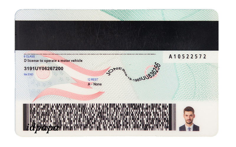 Back of novelty driver’s license with magnetic strip, barcode, and IDpapa branding
