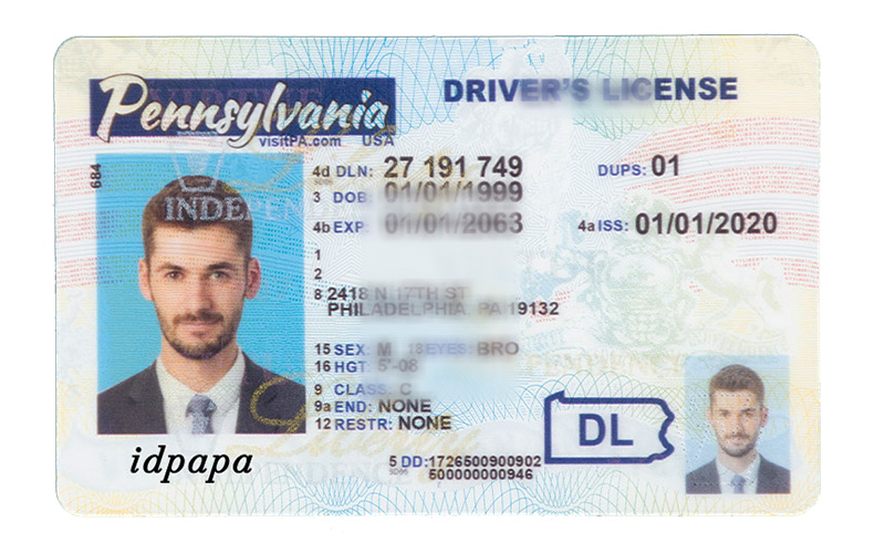 A novelty Pennsylvania driver’s license labeled idpapa, featuring a male photo with fictional information including a Philadelphia address, date of birth, issue and expiration dates, eye and height details, and official design elements such as the Pennsylvania icon and holograms