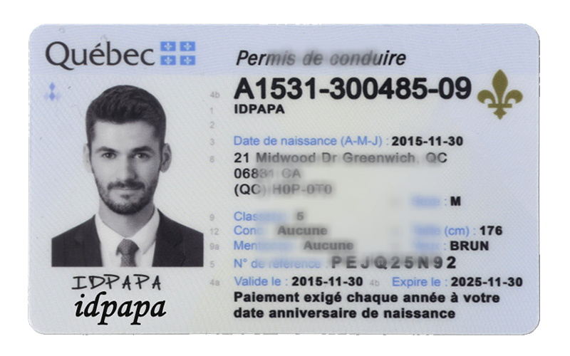 Sample Quebec novelty driver’s license with male photo, personal details, and IDPapa branding