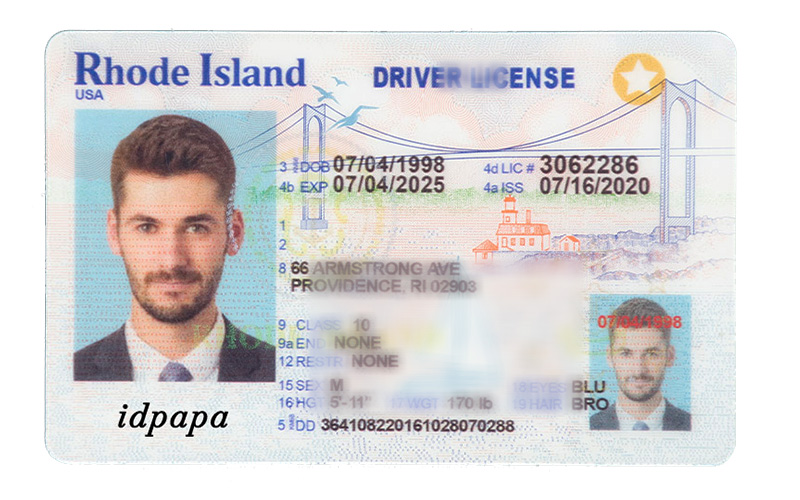 Sample Rhode Island Driver License showing standard elements like a yellow star, Class D license, ghost image, and IDPapa watermark—used for novelty or demo purposes.
