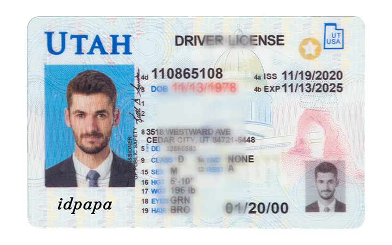 Sample UTAH  novelty driver’s license with male photo, personal details, and IDPapa branding