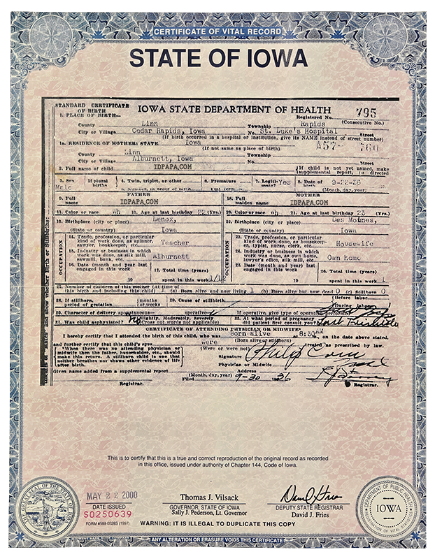 A realistic-looking novelty Iowa birth certificate with official-style design, including state seals, signature fields, and detailed personal information sections
